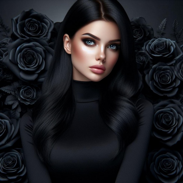 mooie vrouw met lang zwart haar en zwarte rozen