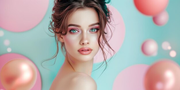 Mooie vrouw met perfecte make-up op blauwe roze achtergrond