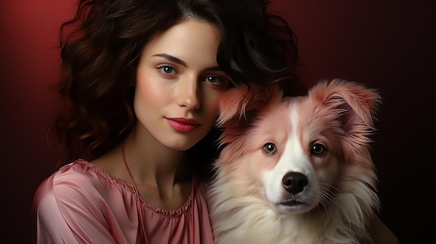 Mooie vrouw met schattige hond op kleur achtergrond