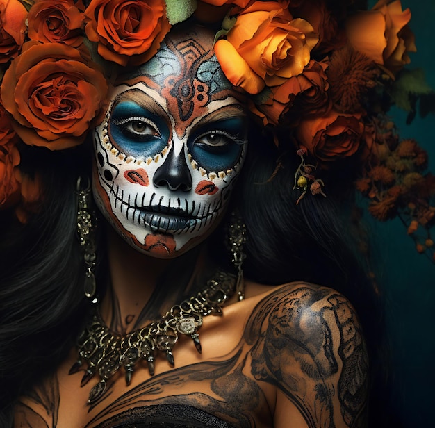 Mooie vrouw met suikerschedelmake-up en bloemen Dia de los muertos Dag van de Doden