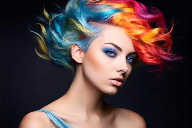 Mooie vrouw met veelkleurig regenbooghaar en creatieve make-up en haarstijl Beauty face Generative Ai