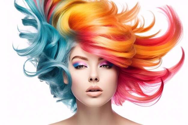 Mooie vrouw met veelkleurig regenbooghaar en creatieve make-up en haarstijl Beauty face Generative Ai