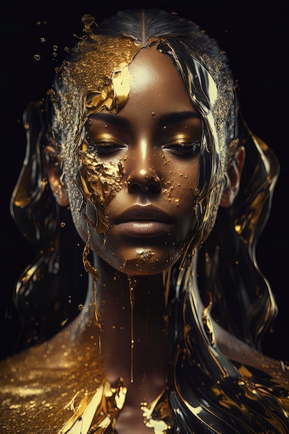 Mooie vrouw met vloeibaar goud op haar gezicht in portret Generatieve AI