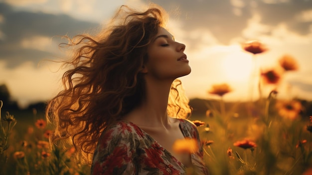 Mooie vrouw ontspannen op grasveld bloem op avondrood