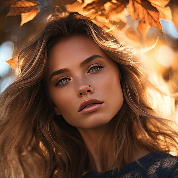 Mooie vrouw op een herfstdag tijdens het gouden uur filmisch close-up portret