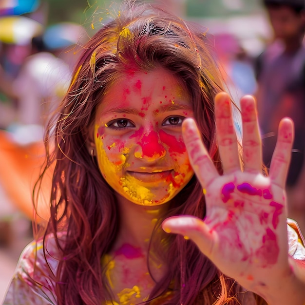 Mooie vrouw op het Holi-feest met kleurrijk poeder of verf op het gezicht