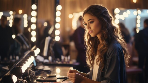 Mooie vrouw poseert voor een make-up spiegel