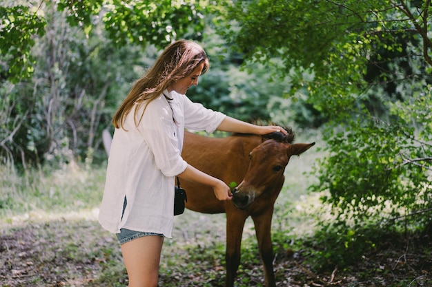 Mooie vrouw rijdt op een paard vrouw rijdt op een paard paardrijtraining voor vrouw het paard besturen met de teugels