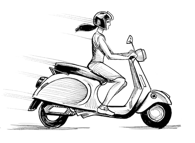 Mooie vrouw rijdt op een vintage scooter. Inkt zwart-wit tekening