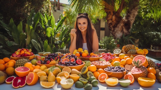 mooie vrouw van in de dertig achter de tafel met Delicious 15 soorten fruit