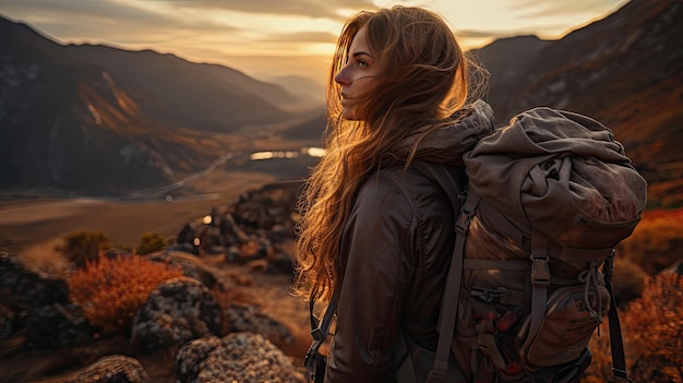 Foto mooie vrouw wandelaar met rugzak berglandschap kijken bij zonsondergang