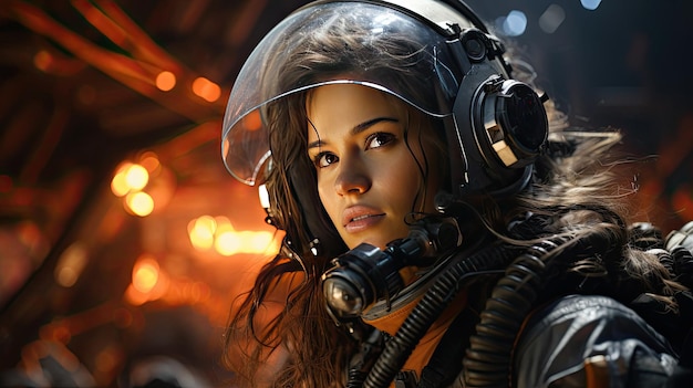 Mooie vrouwelijke astronaut in een beschermend pak in een piloot ruimtetuig met helm en masker