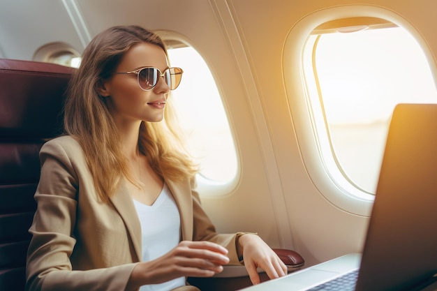 Mooie vrouwelijke bedrijfsmanager die op een laptop werkt tijdens een vliegreis