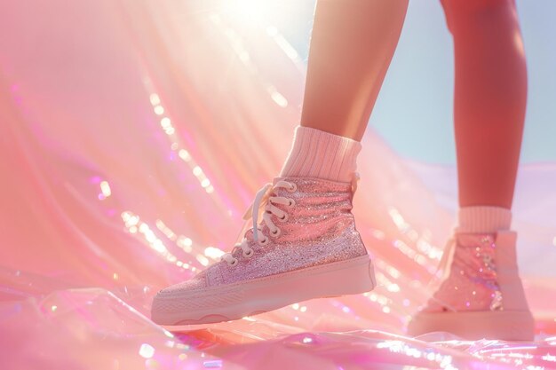 Foto mooie vrouwelijke benen met glanzende sneakers en witte sokken op een roze achtergrond glamorous chic