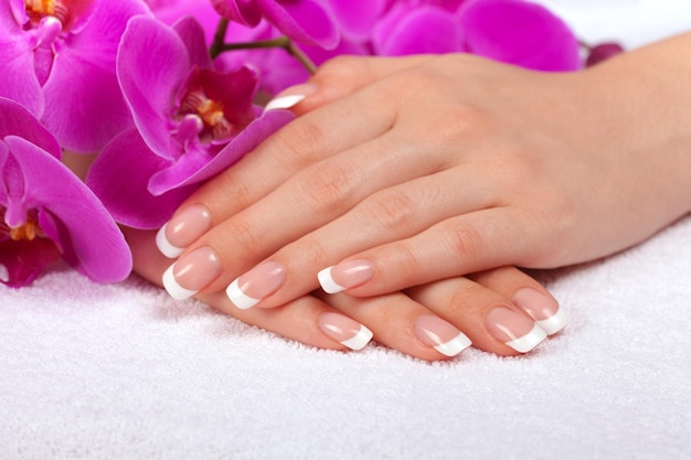 Mooie vrouwelijke handen met Franse manicure