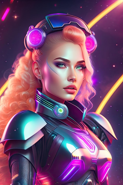Mooie vrouwelijke robot cyborg op ruimte nevel achtergrond Neonpunk pin up stijl 3d illustratie