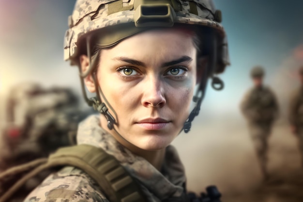 Mooie vrouwelijke soldaat portret neuraal netwerk ai gegenereerd