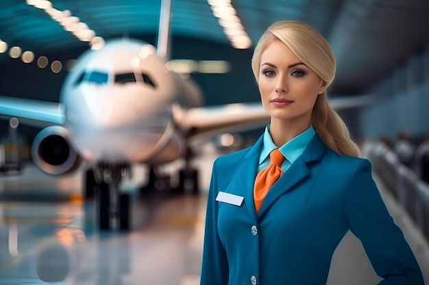 Mooie vrouwelijke stewardess van een privéjet.