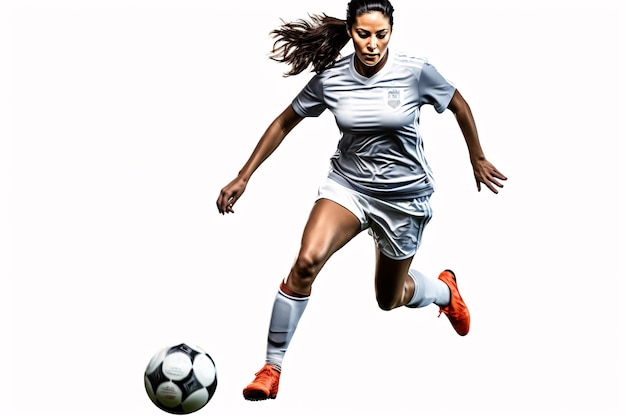 Mooie vrouwelijke voetballer schoppen bal met hiel Geïsoleerd op witte achtergrond Vrouw voetbal concept