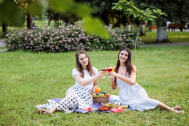 Mooie vrouwen in polka dot jurk en rok met picknick in het park genieten van hun vakantie
