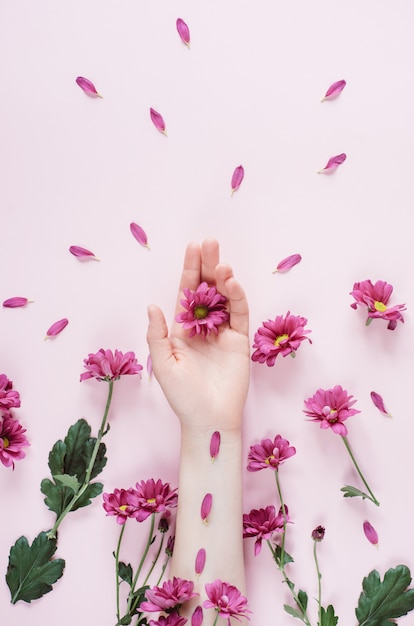 Mooie vrouwenhand met purpure bloemen