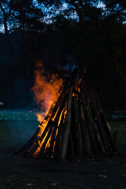 Foto mooie vuurvlammen op een kampvuur