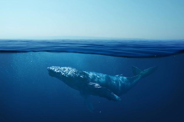 Mooie walvis onder water in het wild. onderwaterwereld en leven, concept. de walvis zwemt onder water in de heldere oceaan. blauw water