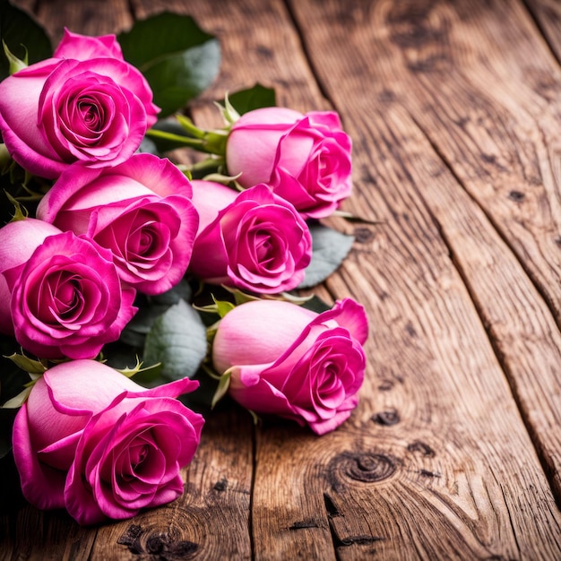 Foto mooie warme roze rozen op houten achtergrond