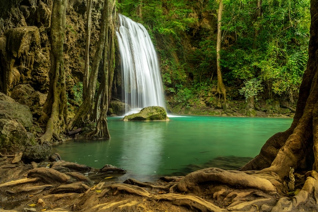 Foto mooie waterval in groen bos