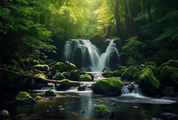 Mooie waterval in het groene bos generatieve ai