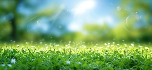 Mooie wazige achtergrond groen gras onder blauwe lucht