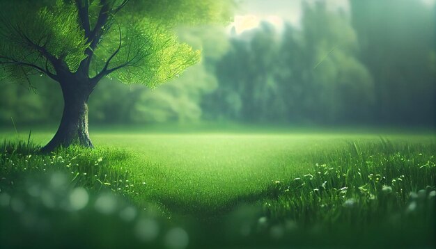 Foto mooie wazige groene natuur achtergrond met groene weide op de voorgrondai gegenereerde afbeelding