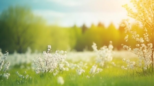 Mooie wazige lente achtergrond natuur met bloeiende glade bomen en blauwe lucht op een zonnige dag Generatieve Ai