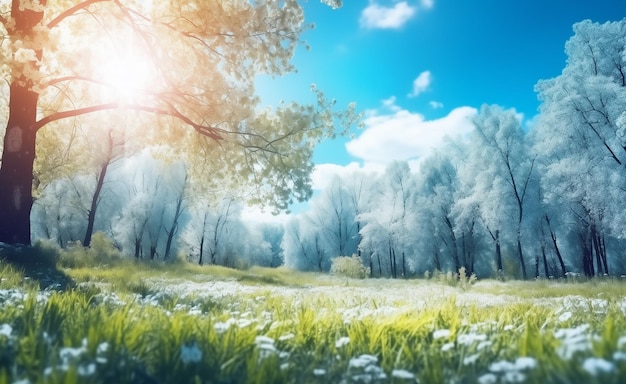 Mooie wazige lente achtergrond natuur met bloeiende glade bomen en blauwe lucht op een zonnige dag