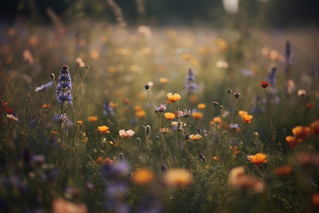 Mooie weide met kleurrijke wilde bloemen in zonsonderganglicht