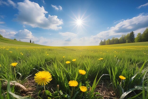 Mooie weide met vers gras en gele paardenbloemen in de natuur tegen een wazige blauwe hemel met wolken Zomer lente perfect natuurlijk landschap