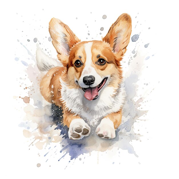 Mooie Welsh Corgi hond loopt door een plas Waterverf schilderij geïsoleerd op witte achtergrond