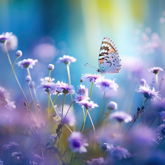 Mooie wilde bloemen kamille paars wilde erwten vlinder in de natuur close-up macro Generatieve AI