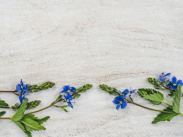 Mooie wilde bloemen liggend op een houten tafel