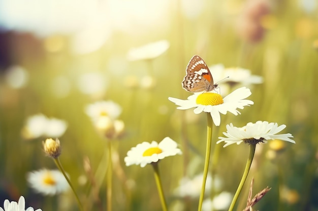 Mooie wilde bloemenkamille met vlinder op zonnige dag