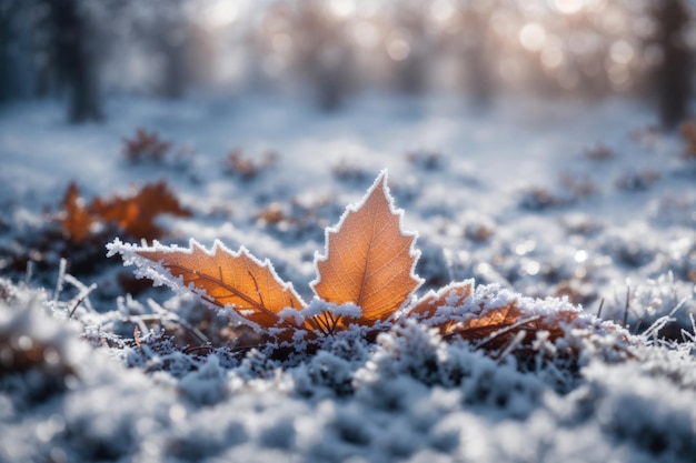 Mooie winterachtergrond met een blad bedekt met sneeuw, ai generatief
