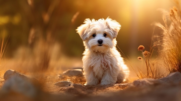Mooie witte baby honden puppies dieren huisdieren op bergen met bloemen AI gegenereerde foto's