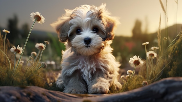 Mooie witte baby honden puppies dieren huisdieren op bergen met bloemen ai gegenereerde foto's