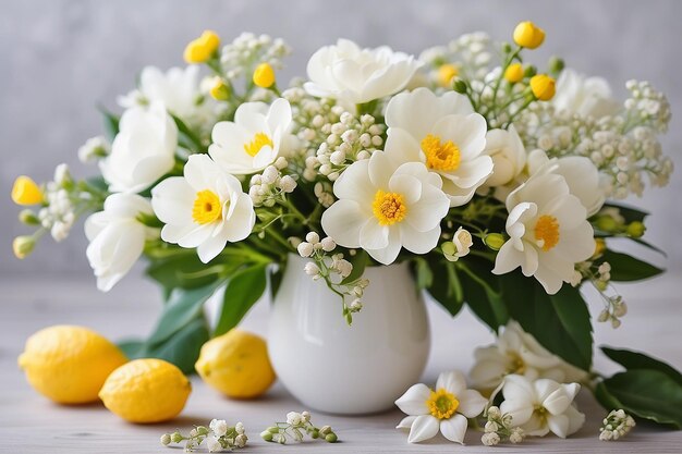 Mooie witte bloemen vrij eenvoudig boeket mooie lente en geurige bloemen met gele pestel