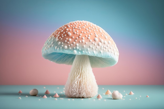 Mooie witte en blauwe paddenstoel geïsoleerd op een pastelkleurige achtergrond Gegenereerd door AI