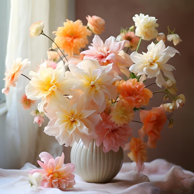 Mooie witte en oranje bloemenarrangement met vaas bij het raam