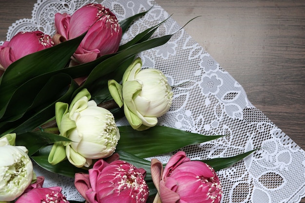 Mooie witte en roze lotusbloem op houten achtergrond