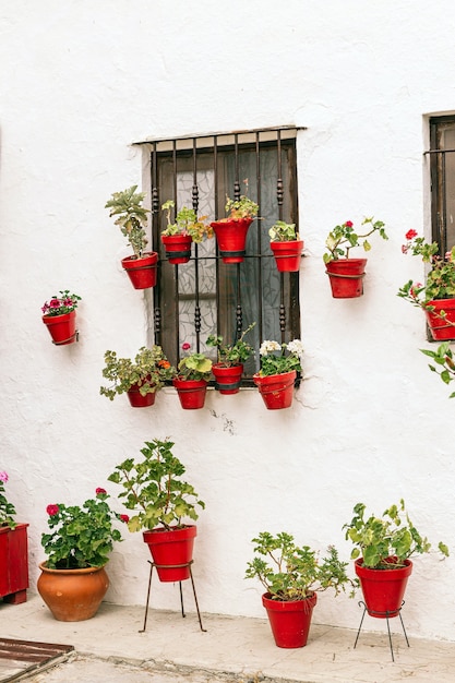 Mooie witte gevel van een typisch andalusisch huis in spanje met planten in potten van rode klei