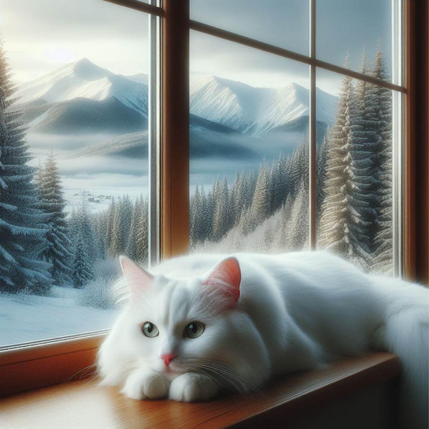 Mooie witte kat op het raam gezellige foto winter