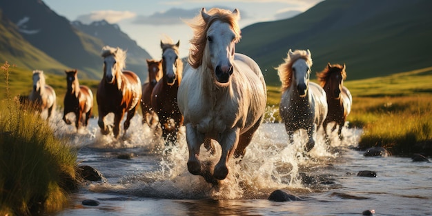 Mooie witte paarden lopen op het water op de achtergrond.